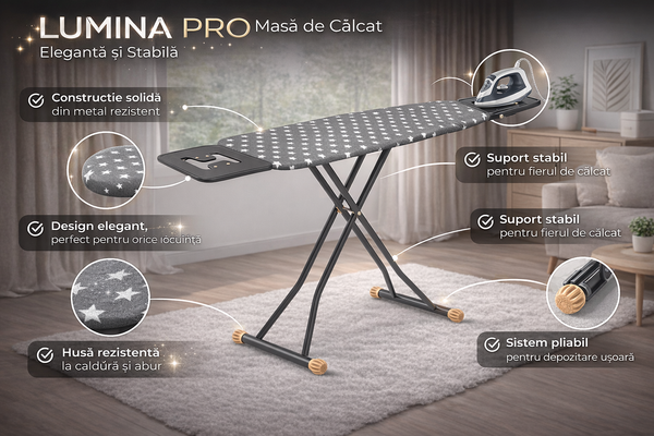 LUMINA PRO – Masă de Călcat Elegantă și Stabilă